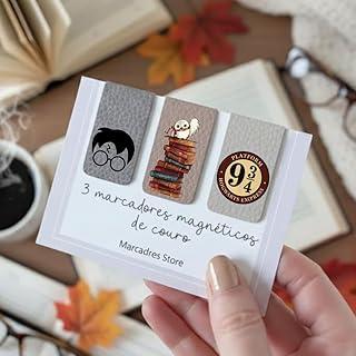 Kit com 3 Marcadores de Página Magnéticos de Couro Ecológico – Tema Harry Pottter | Mundo da Magia