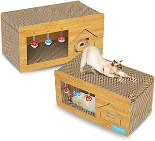 Casinha De Gato Com Arranhador e Brinquedos Caixa Caminha 2 Andares Antiestresse Mdf Resistente Portatil Antiderrapante Tábua de Arranhar Com Bolinhas Toca Protetor Sofá e Cama Gatificação 48cm x 24cm
