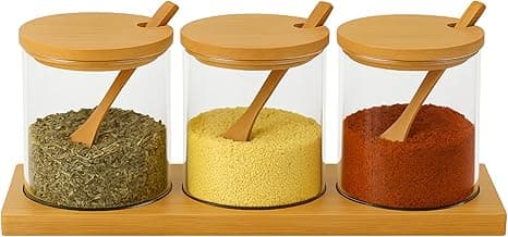 Conjunto 3 Porta Tempero Redondo De Vidro Com Tampa de Bambu Pote De Vidro Com Tampa Colher E Base De Bambu Conjunto De Organizador De Condimento Mantimento Alimento Na Cozinha 08x08X30cm