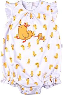 Macacão Bebê Menina Curto em Suedine 100% Algodão – Estampado Patinhos com Babadinhos e Bordado