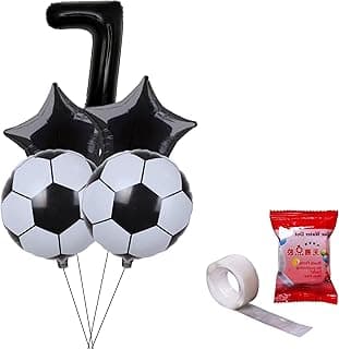 Kit 6 Peças, Balão Metalizado 2 Bola De Futebol Preto E Branco 45cm + 2 Estrelas Pretas + 1 Número 75cm PRETO/1 Rolo de Fita Gota Adesiva 100 Pontos (Preto, 7)
