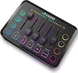 Interface de Audio, Mixer de Áudio RGB para Gaming com 5 Canais, Fonte Fantasma 48V, Live Sound Card with XLR Microphone Interface, Controle Individual, Botão Mute, for Podcast/Vocal/Gravação/Jogos