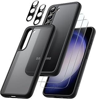 JETech 5 em 1 Capa Fosca para Samsung Galaxy S23 5G 6,1 Polegadas com 2 Pacotes Protetor Tela e Protetor Lente Câmera, Case Protetora Translúcida, Capinha Filme de Vidro Temperado (Preto)
