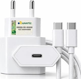 Carregador Turbo 30W USB-C Power Delivery PD 3.0 com Cabo USB-C para USB-C 1 Metro 3A Carregamento Rápido 6.1 A Compatível iPhone 15 Samsung Xiaomi Motorola Fonte Tipo C Bivolt