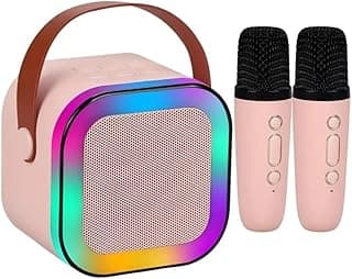 Caixa de Som Portátil Bluetooth com Karaokê com 2 Microfones Sem Fio, LED RGB, Bateria 3-4h, Alcance 10m, Compacta 9x7x9cm, Cores Sortidas