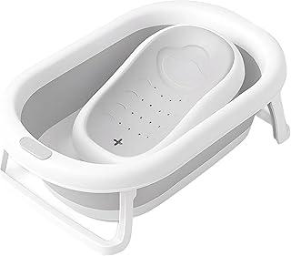 PIPDIP Kit Banheira Dobrável para Bebê, Modelo 2 em 1, Com Encosto, Capacidade de até 44 Litros, Portátil, Plástico e Borracha, Branco e Cinza.