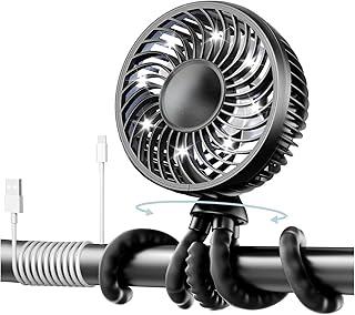 Ventilador Portátil Recarregável USB para Carrinho de Bebê e Mesa - Mini Ventilador de Mão com 3 Velocidades, Pé Flexível e Design Octopus (Preto).