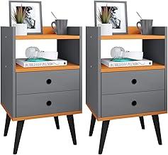 Jogo Quarto Casal Kit Mesa de Cabeceira Retrô com Gaveta Mesinha Canto Moderna Decoração Ambiente - Cinza/Cinamomo- RPM
