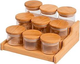Oikos - Kit 9 Potes de Vidro 110ml com Tampa de Bambu Hermético e Rack Organizador