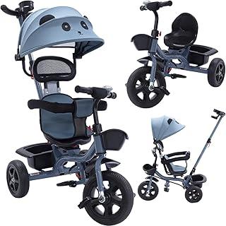 Triciclo Carrinho de Passeio 2 em 1 Infantil Assento Giratório 360° com Capota Solar Porta Objetos até 50kg Haste Empurrador Cestos e Rodas de EVA INMETRO (Azul)