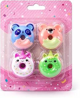 Kit de Borrachas Donuts Candy, 4 Peças, Design Fofo de Bichinhos, Unicórnio, Urso e Panda, Atóxicas, para Escola e Presente, 13x2x17cm