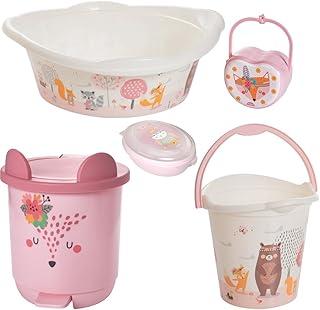 Kit Banho De Bebê Bacia Ludica Plasutil Balde Lixeira 5 peças (Bichinhos Menina)