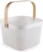 Cesto Organizador Multiuso Quadrado Telado com Alça de Madeira I Cesta Decorativa para Cozinha, Fruteira, Livros, Brinquedos e Organização I Cores Variadas I Three Brothers (Branco)