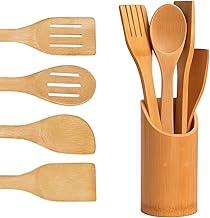 Kit de Utensílios de Cozinha com 5 Peças em Bambú e Suporte Natural Ecológico Resistente ao Calor Design Sofisticado Material Durável e Não Pega Cheiro Garfo Colher Espátula Receita Colher de Pau
