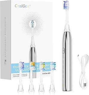 OralGos Escova de Dentes Elétrica Adulto, Vibração Sônica para Limpeza Profunda, Múltiplos Modos de Escovação, Recarregável USB, com 3 Cabeças Substituíveis, Cuidado e Proteção da Gengiva (Prata)
