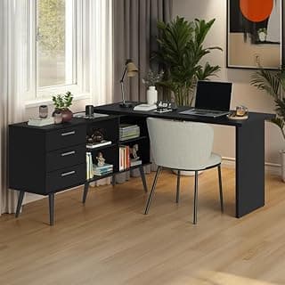 Mesa de Estudos em L 3 Gavetas Preto Lisboa Madesa