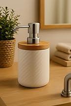 Porta Sabonete Líquido em Cerâmica, Design Canelado, Tampa de Bambu, Válvula Cromada, 400ml - Casa e Decoração (BRANCO)