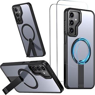 Capa para Samsung Galaxy A17 e A16 Capinha - Compatível com MagSafe, com protetor de ecrã temperado de 2 peças, estojo ultrafino resistente a choques e quedas com suporte ajustável - Preto