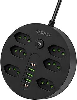 Extensão Tomada, Régua Tomada, Régua de Energia, 6 Tomadas, 3 Interfaces USB, 2 Porta USB Tipo-C, Cabo de Alimentação de 1,9 metros, Suporte a Tensão de 110-220V, Potência de 2500W, Preto