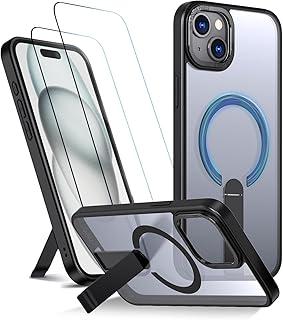 Capa para iPhone 15 Capinha - Compatível com MagSafe, com protetor de ecrã temperado de 2 peças, estojo ultrafino resistente a choques e quedas com suporte ajustável - Preto