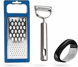 Kit Cozinha Mix 3 em 1 – Ralador Manual, Descascador de Legumes e Amassador de Alho | Utensílios de Cozinha em Aço Inox e Plástico