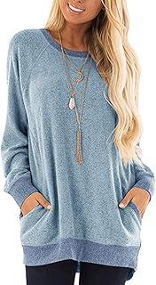 Bolsos Camisola de Manga Comprida das Mulheres Soltos Tops em Torno do Pescoço.