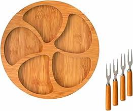 Kit Petisqueira de bambu com 5 divisórias I Bandeja redonda para servir petiscos frios e aperitivos com 4 garfos cabo de madeira I Vende Mais