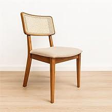 Cadeira de Jantar Madeira Maciça Estofada em Linho Bege Claro Encosto Rattan - Lilia