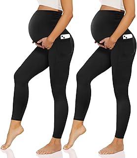 Happy.angel Pacote com 2 leggings para gestantes com bolsos sobre a barriga, calças pretas para treino e gravidez para ioga