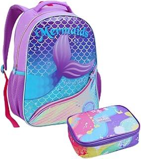 Mochila Escolar Infantil Sereia Holográfica com Estojo, Tema Sereia, Alças Ajustáveis Acolchoadas, Poliéster, Roxa e Azul, 2 Peças