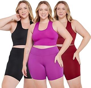 Kit 3 Conjuntos Plus Size Feminino, Academia, Short Cintura Alta e Top Nadador, Suplex