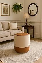 Puff Plus Banquinho Redondo Decorativo em Linho Base e Tampo Courino Bege/Caramelo 48cm x 38cm