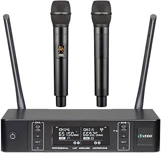 VEDO Sistema de microfone sem fio, microfones sem fio duplos com 2 microfones de mão, busca automática de frequências, 2x100 frequências UHF, alcance de 60 m, microfone dinâmico para canto