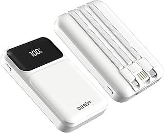 Basike Power Bank, Carregador Portátil Universal 10000mAh, USB-A(até 22.5W)+USB-C(até 20W) com 3 Cabos Integrados (USB-C, USB, Lightning) Carregamento Rápido, Led Indicador de Bateria (Branco)