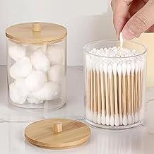 Kit 4 Porta Organizador de Cotonete ou Algodão Acrílico Redondo com Tampa de Bambu Premium Sustentável 9x7cm Decoração Organizadora Design Moderno Ideal para Banheiros, Lavabos e Penteadeiras