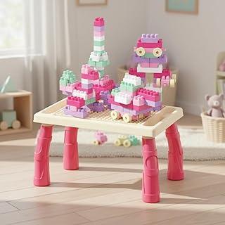 Mesa de Blocos Mesinha Atividades Infantil Didática 100 peças (Rosa)
