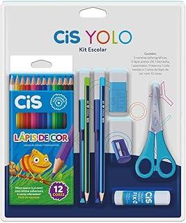 Kit Escolar CIS Yolo 9 peças - 2 canetas esferográfica, 2 lápis pretos HB, 1 borracha, 1 apontador, 1 tesoura, 1 cola bastão e 1 caixa de lápis de cor 12 cores, Azul