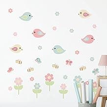 Adesivo de Parede Infantil Jardim Pássaros e Abelhas Tons Pastéis