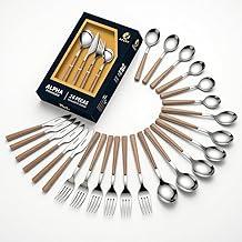 Faqueiro 24 Peças Aço Inox: 6 Facas, 6 Garfos, 6 Colheres, 6 Colheres, Sobremesa com Cabo Madeira Orgânica - Presente Elegante para Casa/Restaurante
