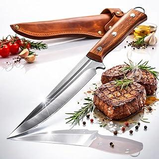 Faca Filetin Profissional Aço Inox Full Tang para Churrasco e Peixe Cabo de Madeira de Carvalho com Bainha de Couro Resistente Lâmina 15cm Forjada a Mão Ideal para Cozinha e Camping.