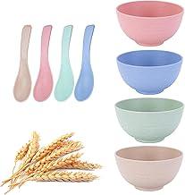 Kit 4 Tigelas de Cereal Inquebráveis&Colher,15CM Tigela de Palha de Trigo Reutilizável para Sopa,Aveia,Massa,Salada,Tigelas de Piquenique-Seguro para Lava-louças e Micro-ondas-Livre de BPA (4 cores)