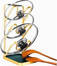 Suporte Organizador de Tampas de Panela, Suporte de 3 Camadas com Base, Estrutura em Aço Dourado com Alças em Silicone Coloridas, Multifuncional para Cozinha