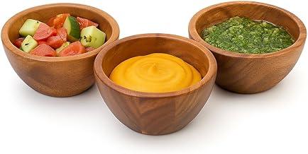 Kit com 3 Bowls em Madeira Acácia Natural, 180ml, Premium, para Servir
