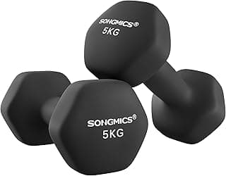 SONGMICS Conjunto de 2 Halteres, 2 x 5 kg Pesos de Mão com Revestimento de Neoprene, Par de Halteres Hexagonais, Exercício de Treino em Casa, Treinamento Fitness, Preto Tinta BRSYL60BK