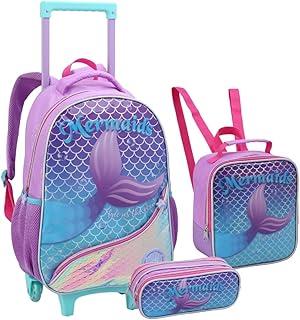 Kit Mochila Infantil Com Rodinha Menina Sereia Princesa Escolar Lancheira e Estojo Bolso Frontal (Sereia)