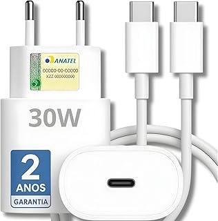 Carregador USB-C Turbo para iPhone 15, 15 pro, 15 Pro Max, iPhone 16, 16 pro, 16 pro Max, Compativel c/Samsung Galaxy, IOS/Android, Super Rapido, Fonte Entrada Tipo-C + Cabo USB-C, Branco Homologado