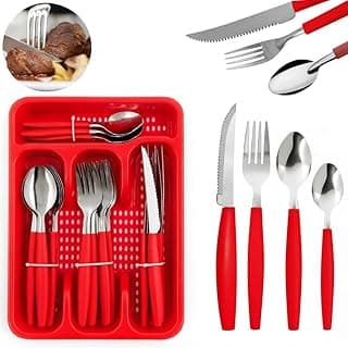 Kit de Talheres 25 Peças em Aço Inoxidável com Acabamento Polido, Vermelho, para Uso Diário e Ocasiões Especiais