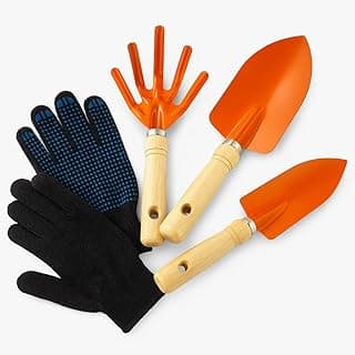 Kit de Jardinagem 4 Peças, Luva Antiderrapante, Garfo Cultivador, Pá de Bico e Pá Reta, Cabo de Madeira, Laranja e Preto