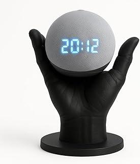 Suporte Mão 3D para Echo Dot 4 e 5 com Relógio, Base Decorativa Alexa, Preto ou Branco, Suporte de Mesa, Organizador Echodot (Preto)