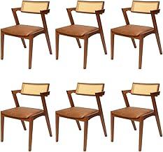 Kit 6 Cadeiras de Jantar Estofada Madeira Maciça Com Telinha Rattan Natural Stter (Couro Marrom)
